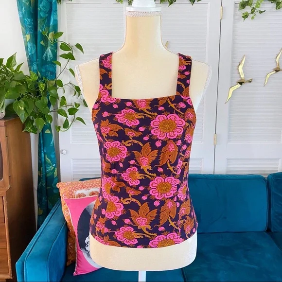 Anthropologie | Porridge Seamed Cross Back Tank Top Pink Navy Bohemian New Small - Picture 2 of 14